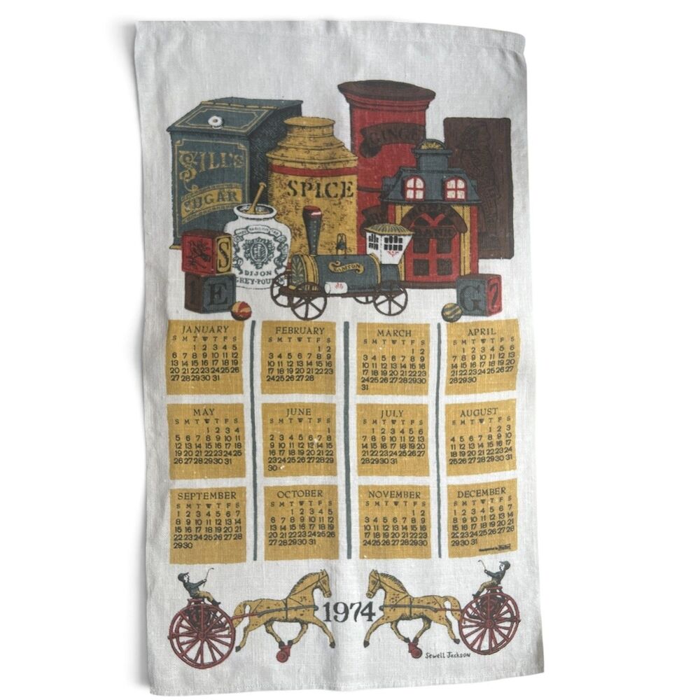Vintage 1974 Sewell Jackson Linen Calendar Tea Towel Train Sugar Spice Kitchen